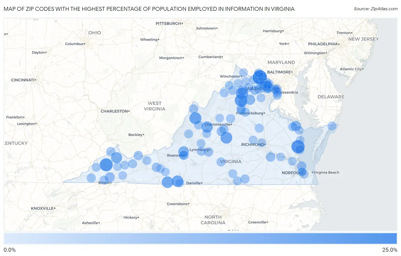 Zip Codes with the Highest Percentage of Population Employed in Information in Virginia Map