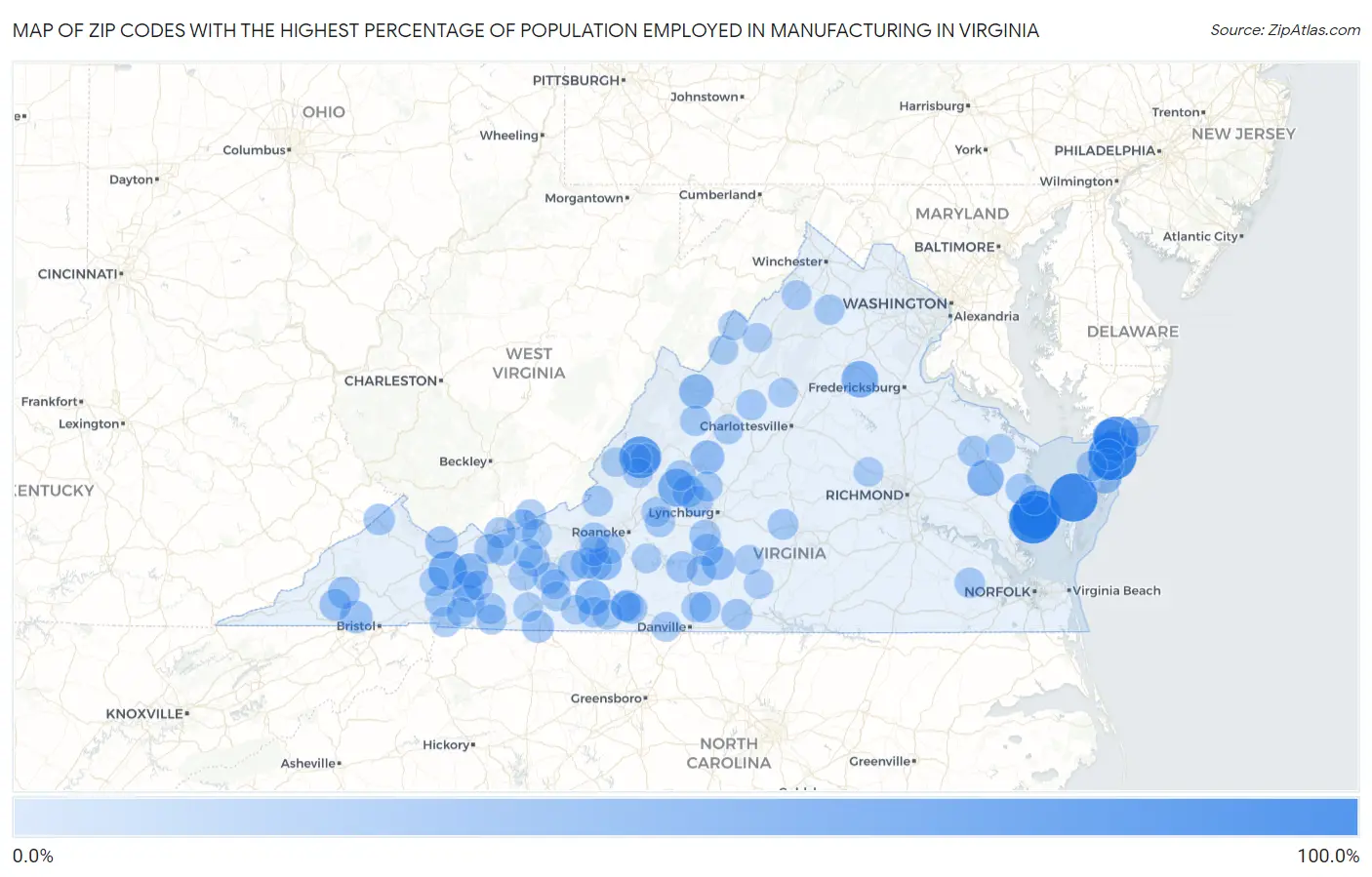 Zip Codes with the Highest Percentage of Population Employed in Manufacturing in Virginia Map