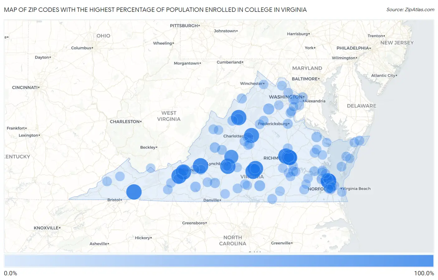 Zip Codes with the Highest Percentage of Population Enrolled in College in Virginia Map