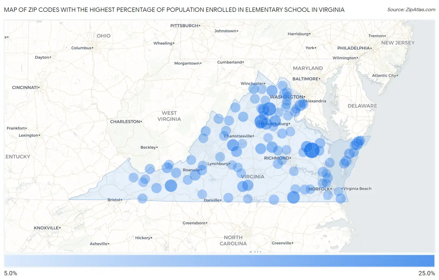 Zip Codes with the Highest Percentage of Population Enrolled in Elementary School in Virginia Map
