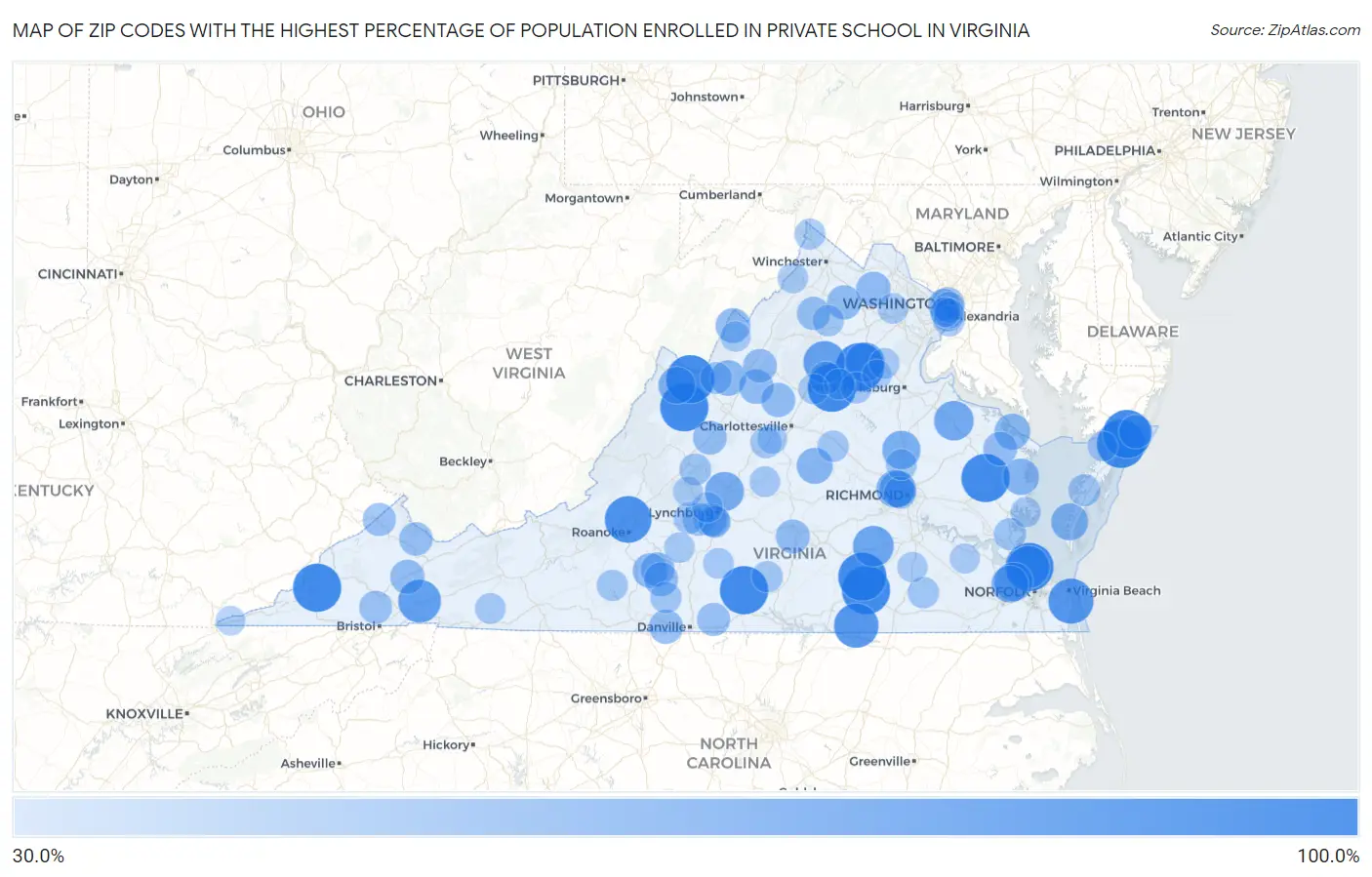Zip Codes with the Highest Percentage of Population Enrolled in Private School in Virginia Map