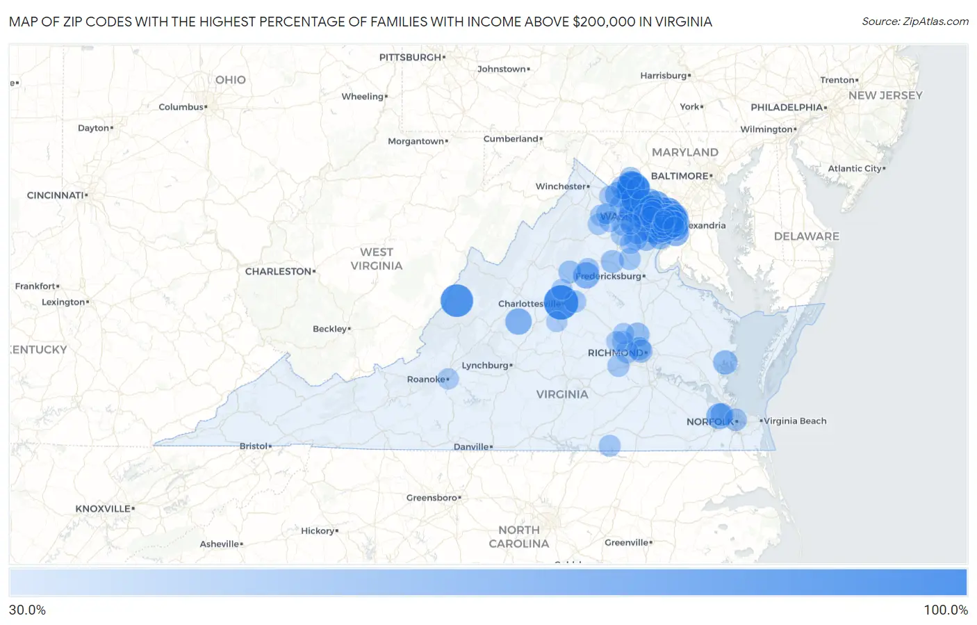 Zip Codes with the Highest Percentage of Families with Income Above $200,000 in Virginia Map