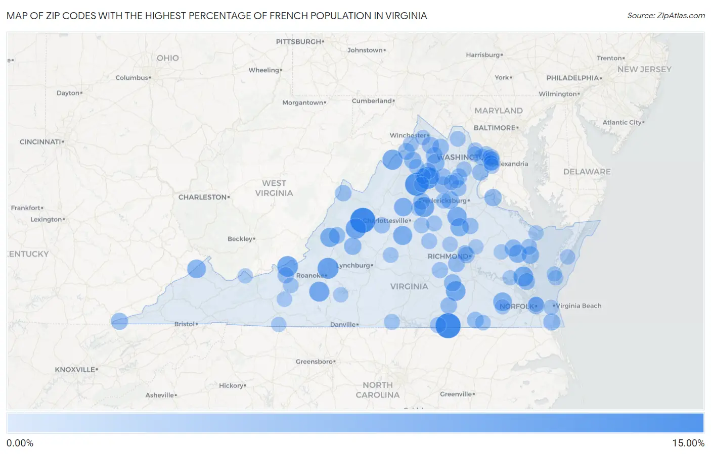 Zip Codes with the Highest Percentage of French Population in Virginia Map