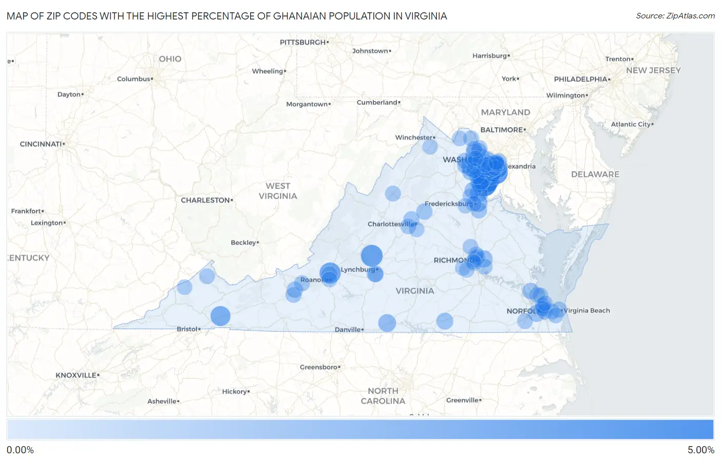Zip Codes with the Highest Percentage of Ghanaian Population in Virginia Map