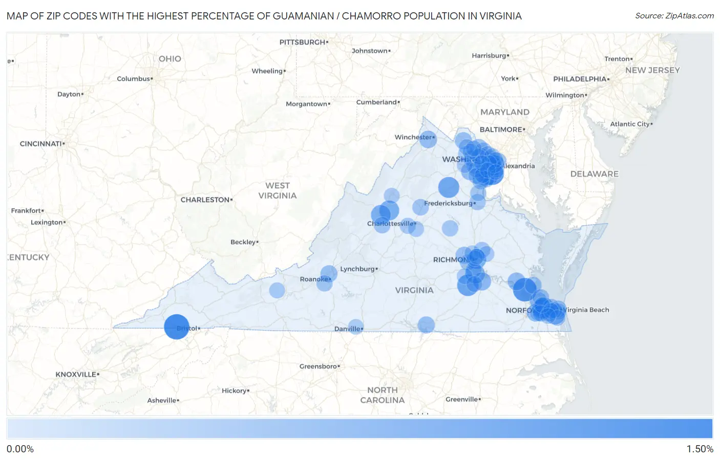 Zip Codes with the Highest Percentage of Guamanian / Chamorro Population in Virginia Map