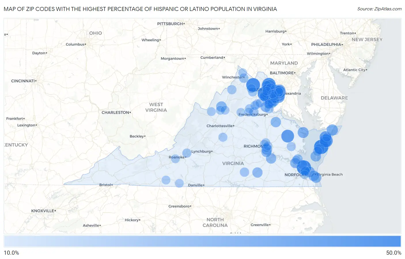 Zip Codes with the Highest Percentage of Hispanic or Latino Population in Virginia Map