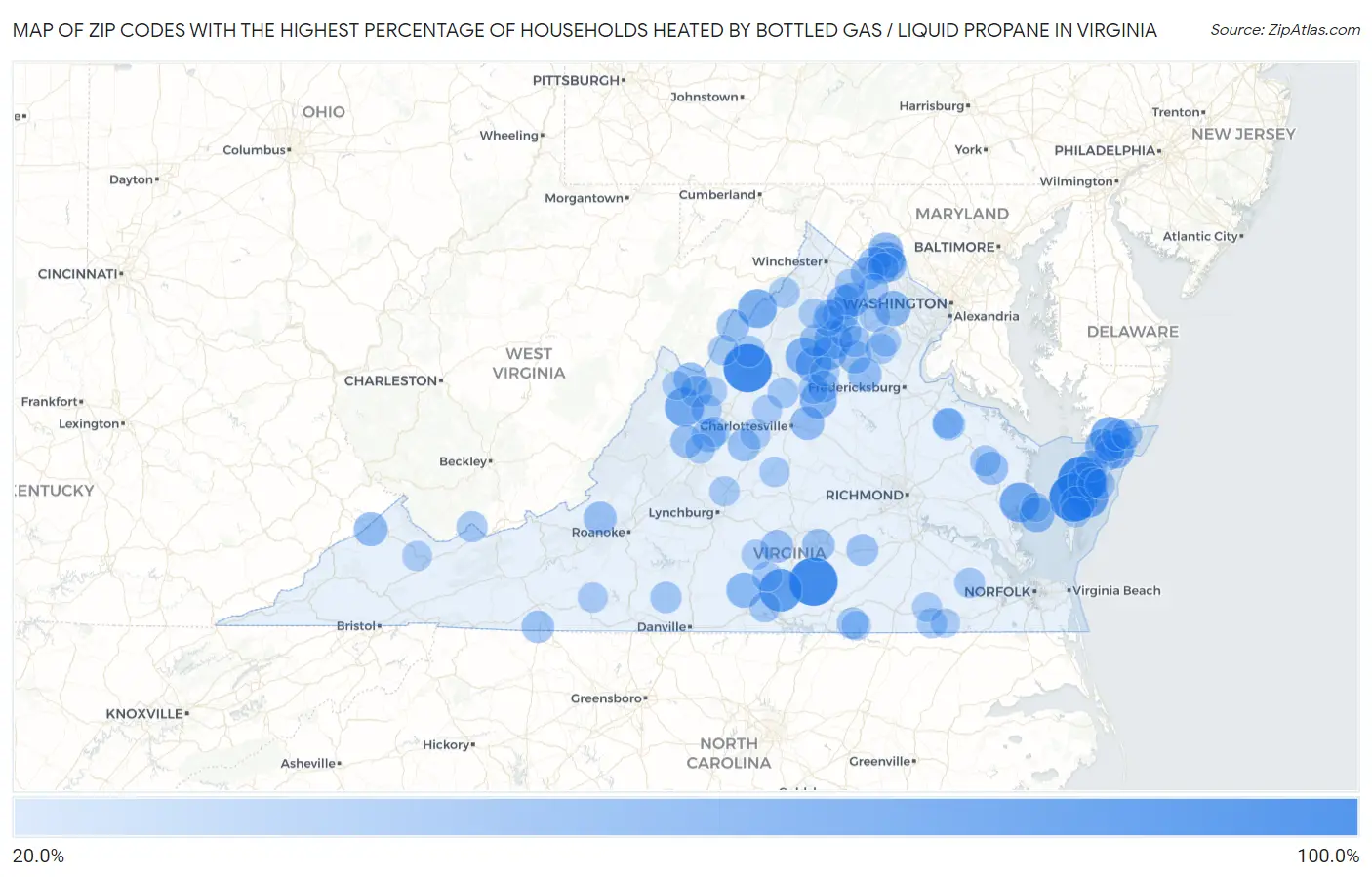 Zip Codes with the Highest Percentage of Households Heated by Bottled Gas / Liquid Propane in Virginia Map