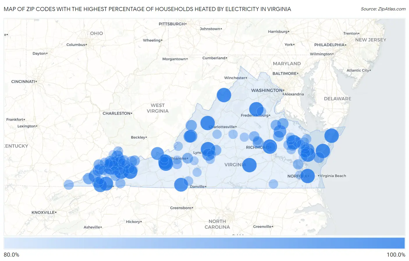 Zip Codes with the Highest Percentage of Households Heated by Electricity in Virginia Map