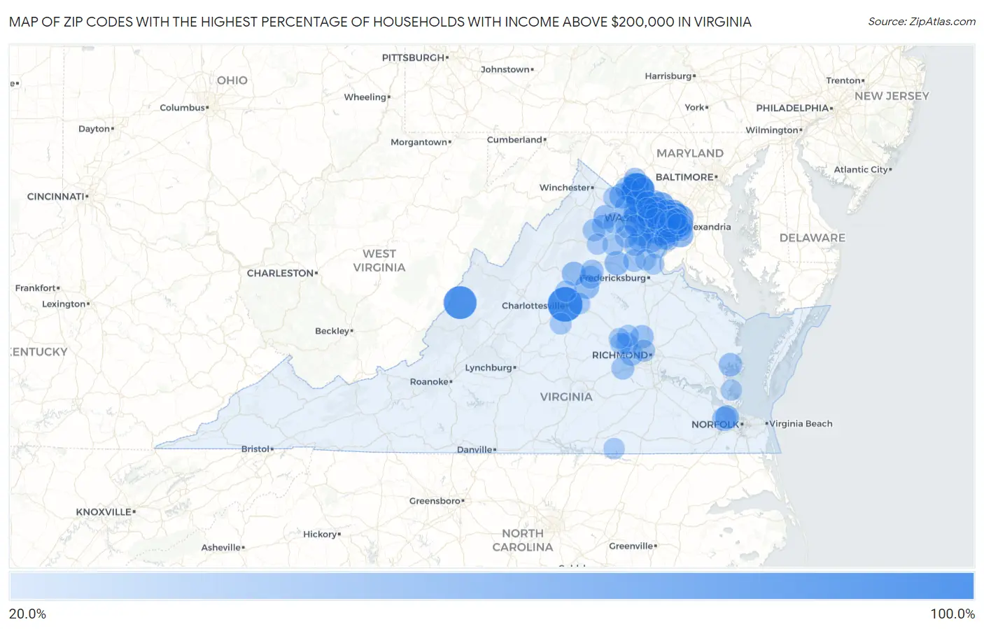 Zip Codes with the Highest Percentage of Households with Income Above $200,000 in Virginia Map