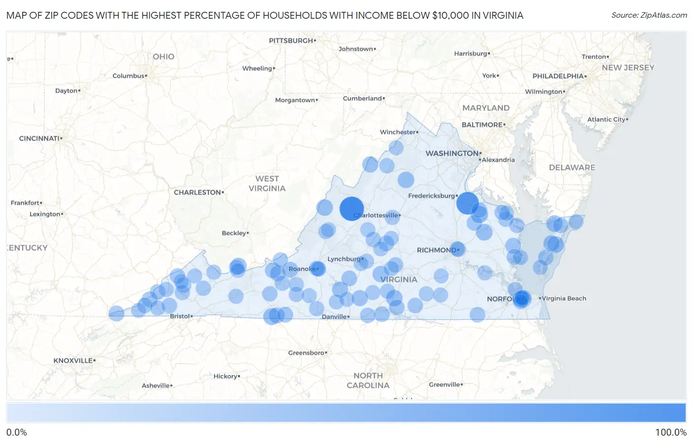 Zip Codes with the Highest Percentage of Households with Income Below $10,000 in Virginia Map