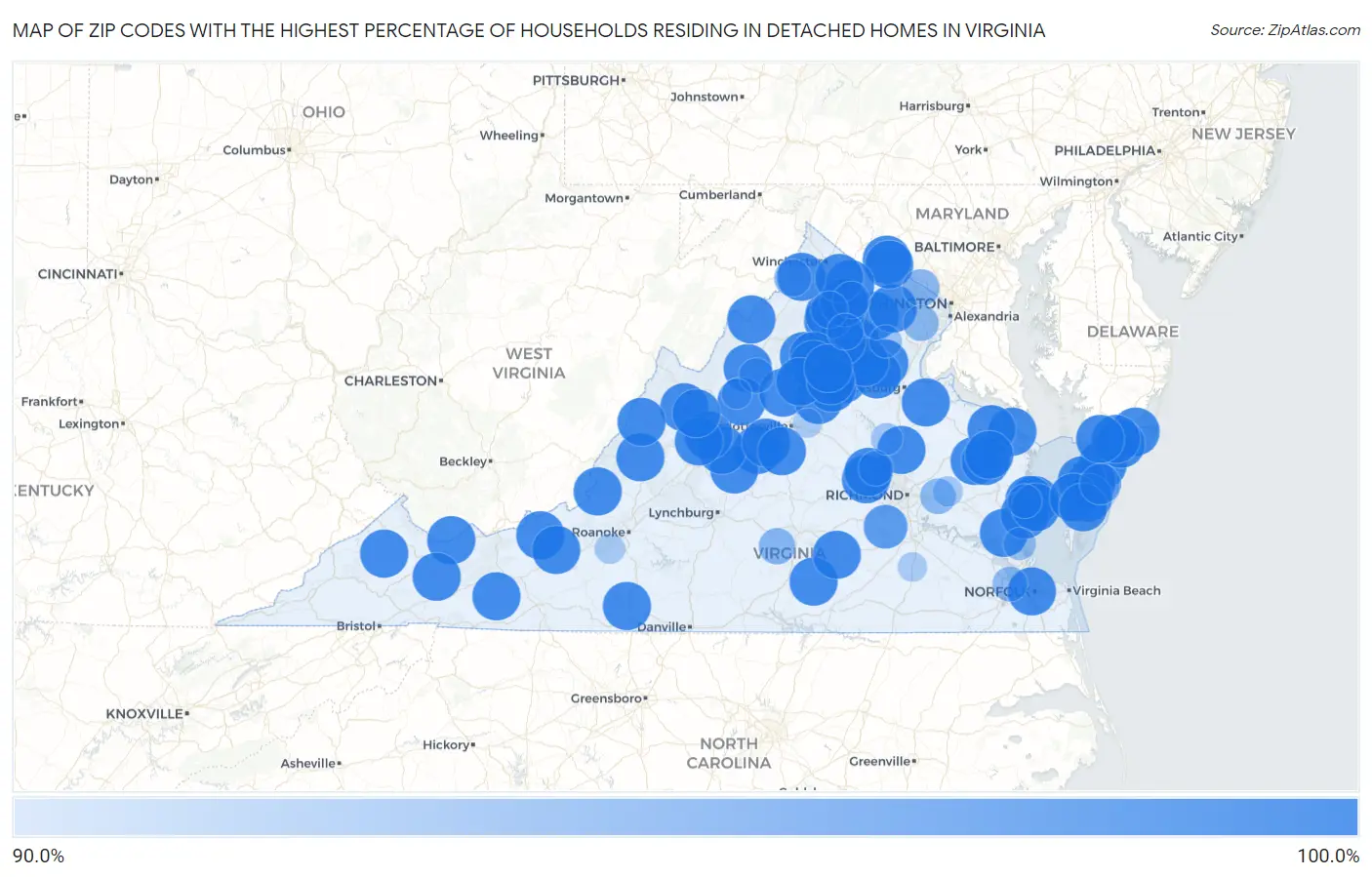 Zip Codes with the Highest Percentage of Households Residing in Detached Homes in Virginia Map