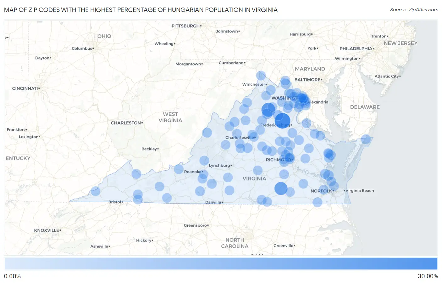 Zip Codes with the Highest Percentage of Hungarian Population in Virginia Map