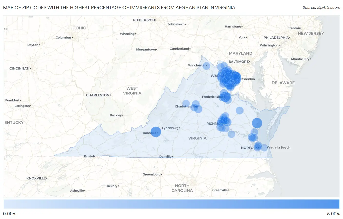 Zip Codes with the Highest Percentage of Immigrants from Afghanistan in Virginia Map