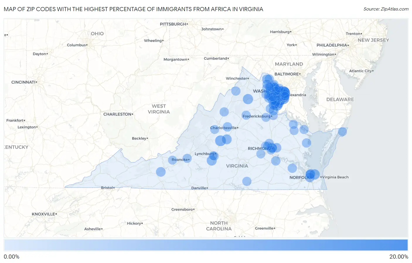 Zip Codes with the Highest Percentage of Immigrants from Africa in Virginia Map