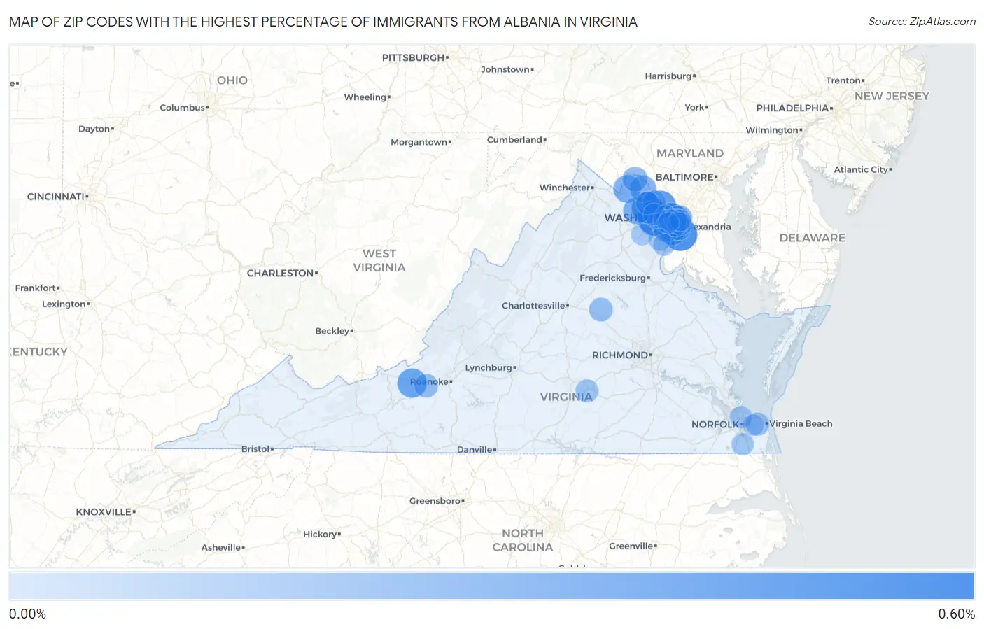 Zip Codes with the Highest Percentage of Immigrants from Albania in Virginia Map
