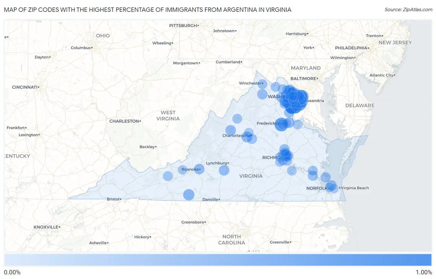 Zip Codes with the Highest Percentage of Immigrants from Argentina in Virginia Map