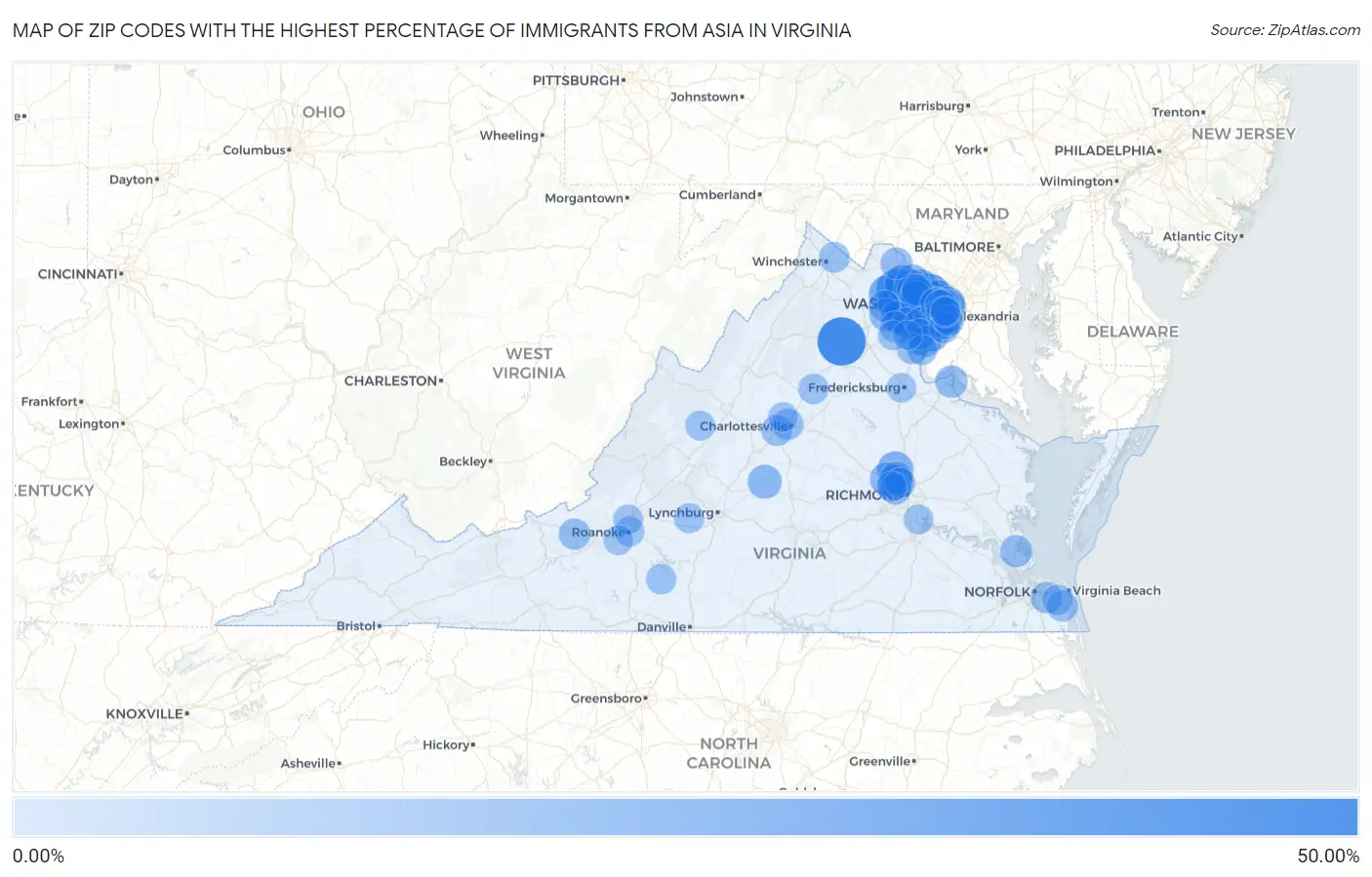 Zip Codes with the Highest Percentage of Immigrants from Asia in Virginia Map