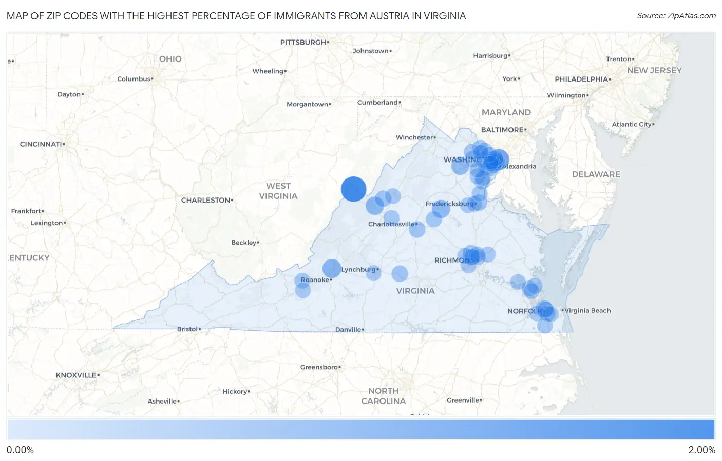 Zip Codes with the Highest Percentage of Immigrants from Austria in Virginia Map