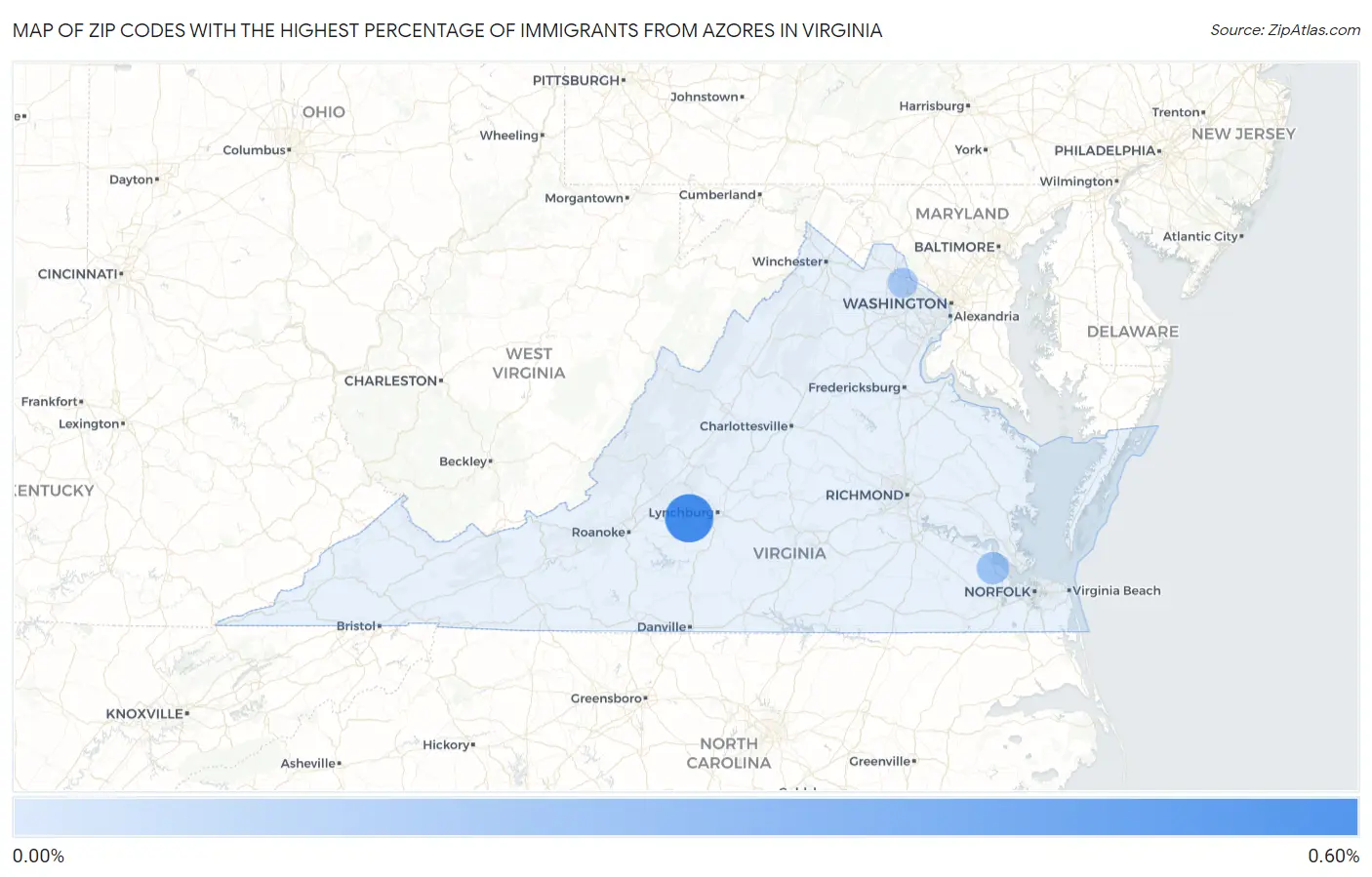 Zip Codes with the Highest Percentage of Immigrants from Azores in Virginia Map