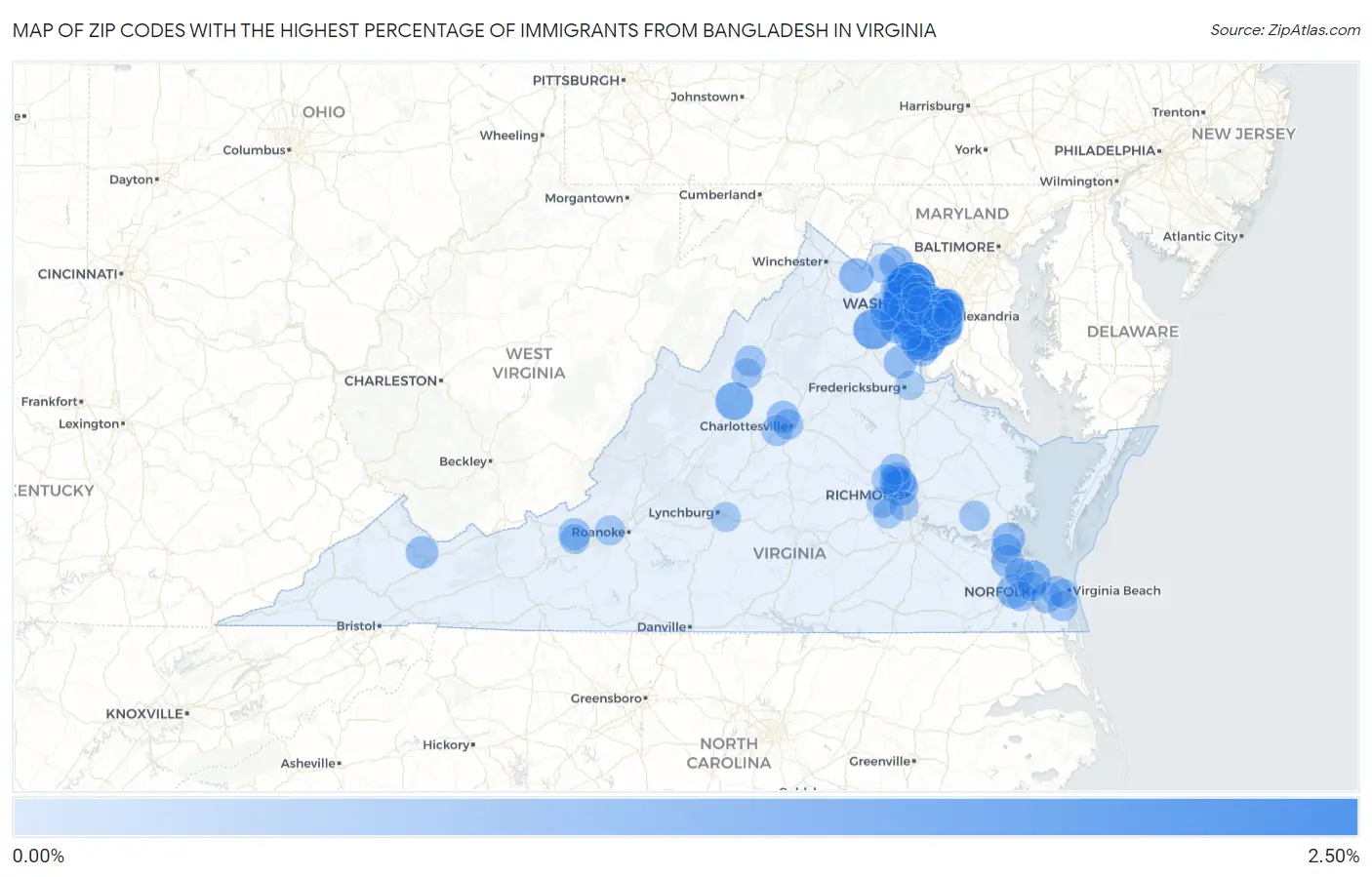 Zip Codes with the Highest Percentage of Immigrants from Bangladesh in Virginia Map