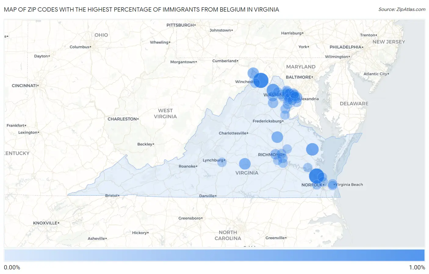 Zip Codes with the Highest Percentage of Immigrants from Belgium in Virginia Map