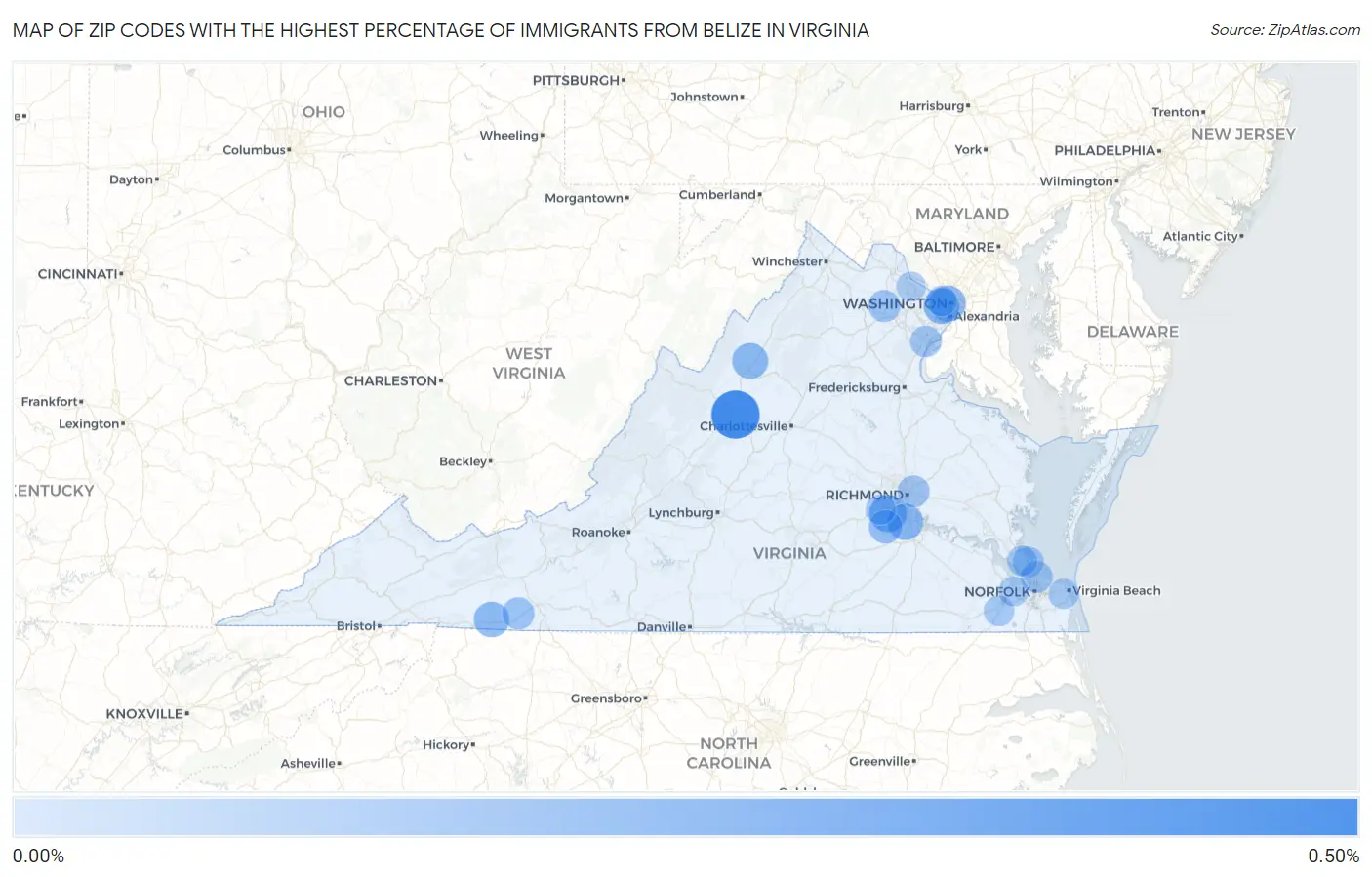 Zip Codes with the Highest Percentage of Immigrants from Belize in Virginia Map