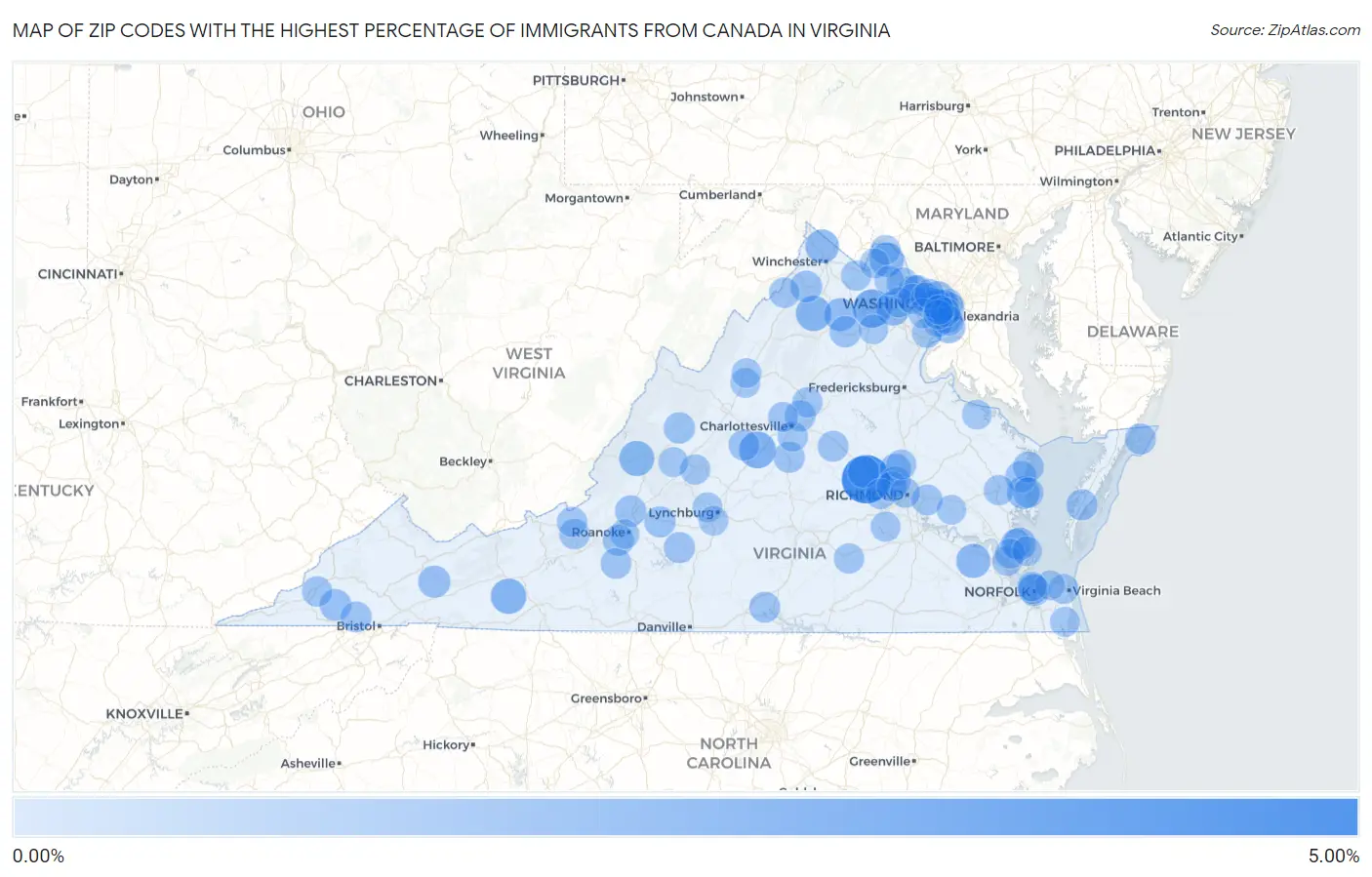 Zip Codes with the Highest Percentage of Immigrants from Canada in Virginia Map