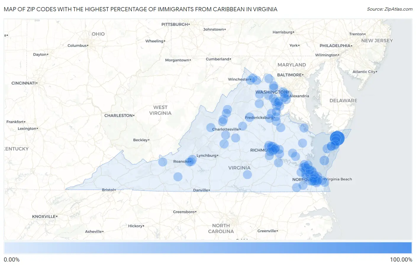 Zip Codes with the Highest Percentage of Immigrants from Caribbean in Virginia Map