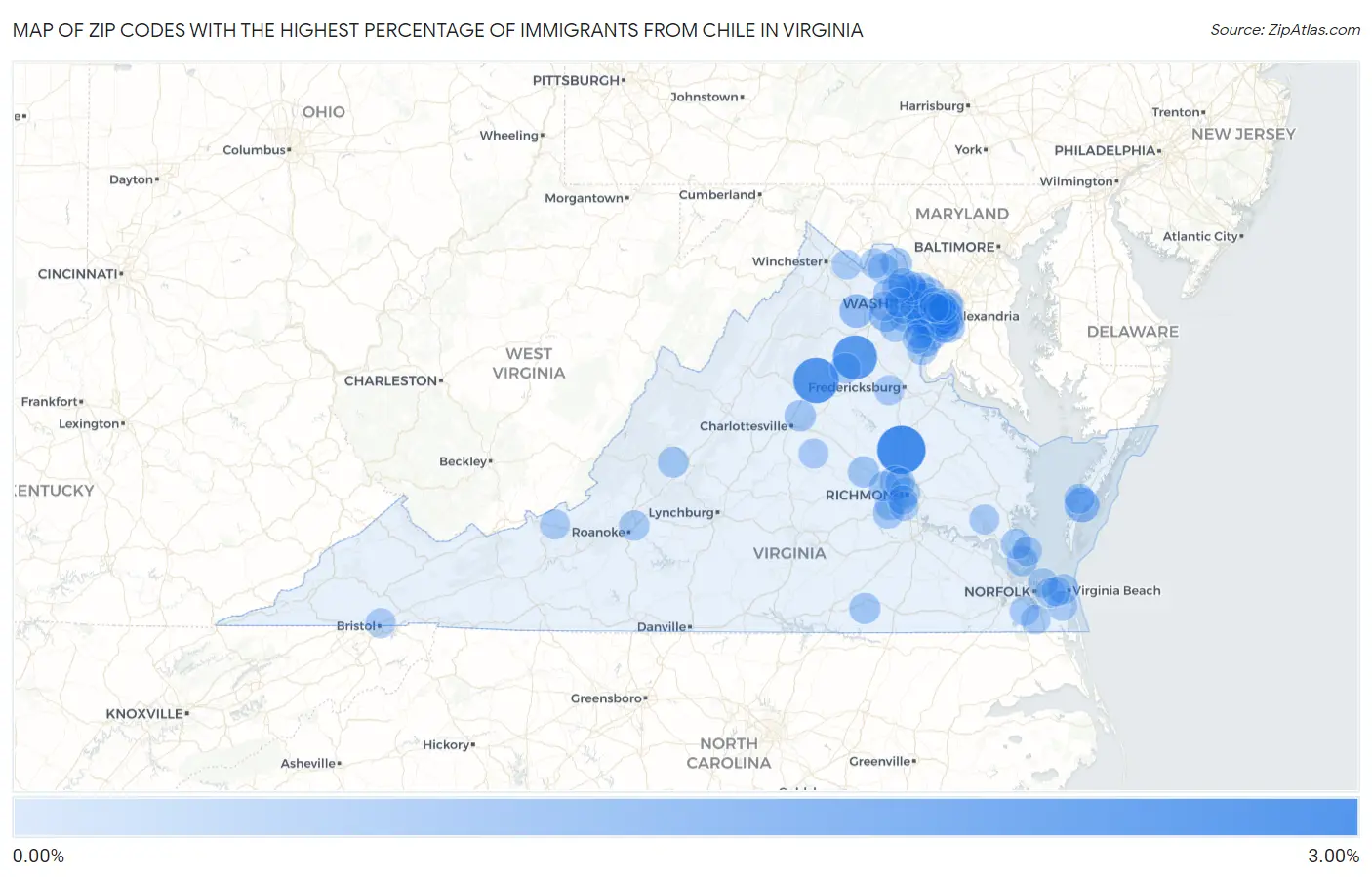 Zip Codes with the Highest Percentage of Immigrants from Chile in Virginia Map