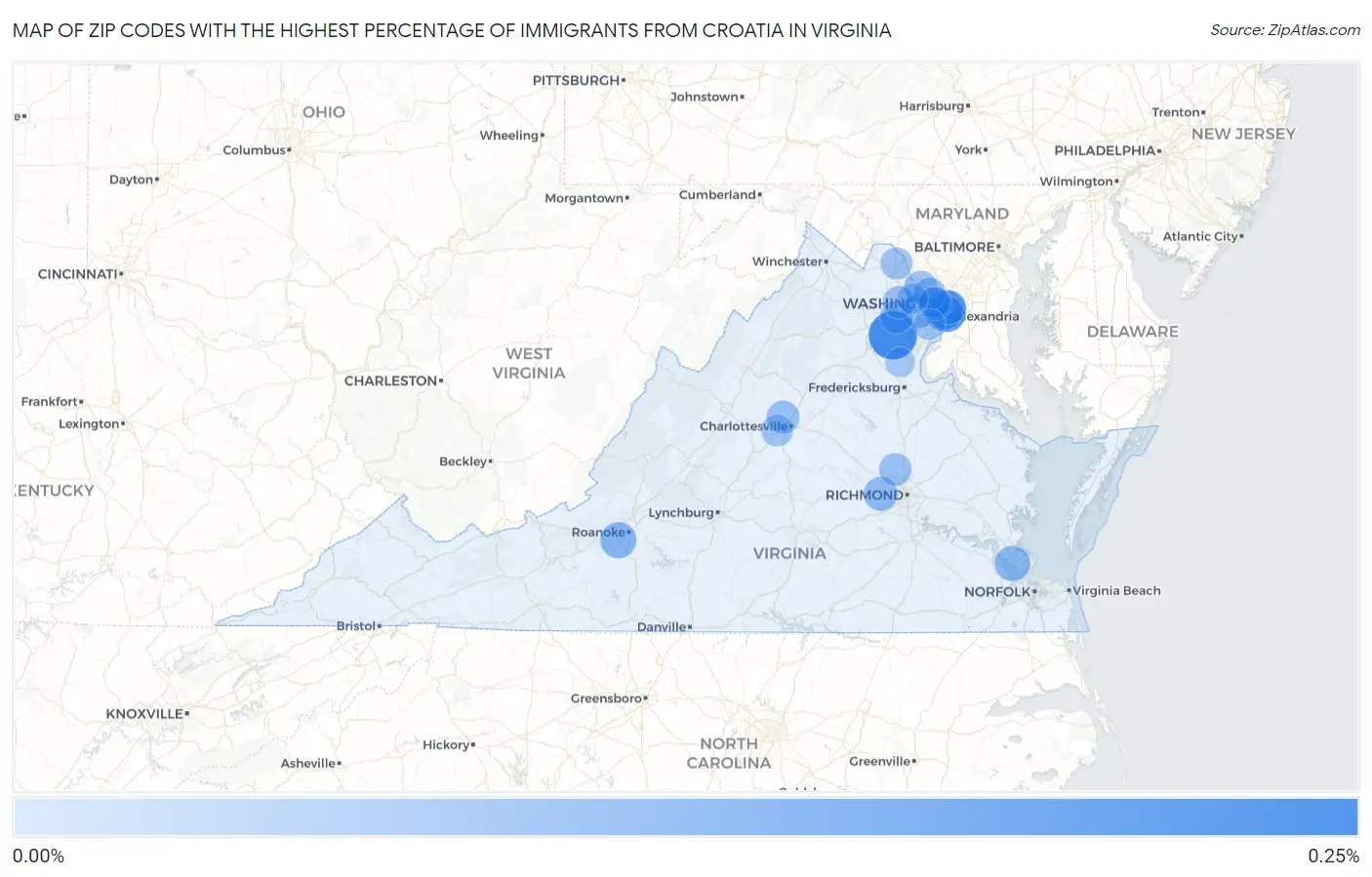 Zip Codes with the Highest Percentage of Immigrants from Croatia in Virginia Map