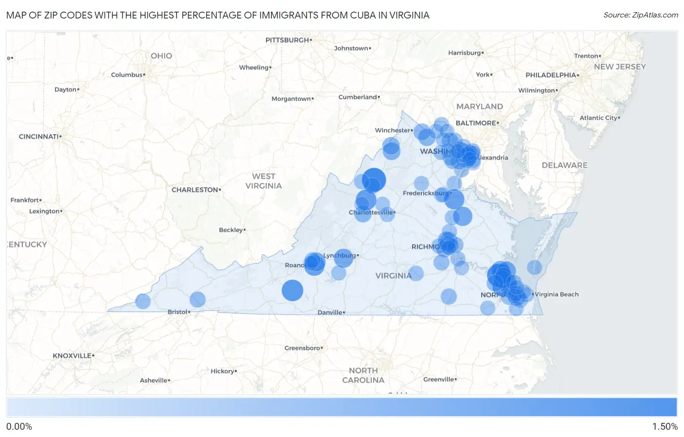 Zip Codes with the Highest Percentage of Immigrants from Cuba in Virginia Map