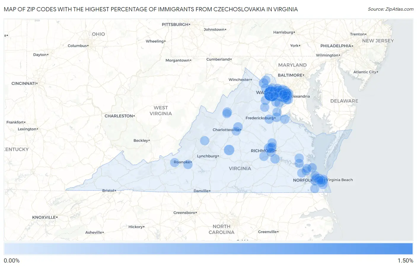Zip Codes with the Highest Percentage of Immigrants from Czechoslovakia in Virginia Map