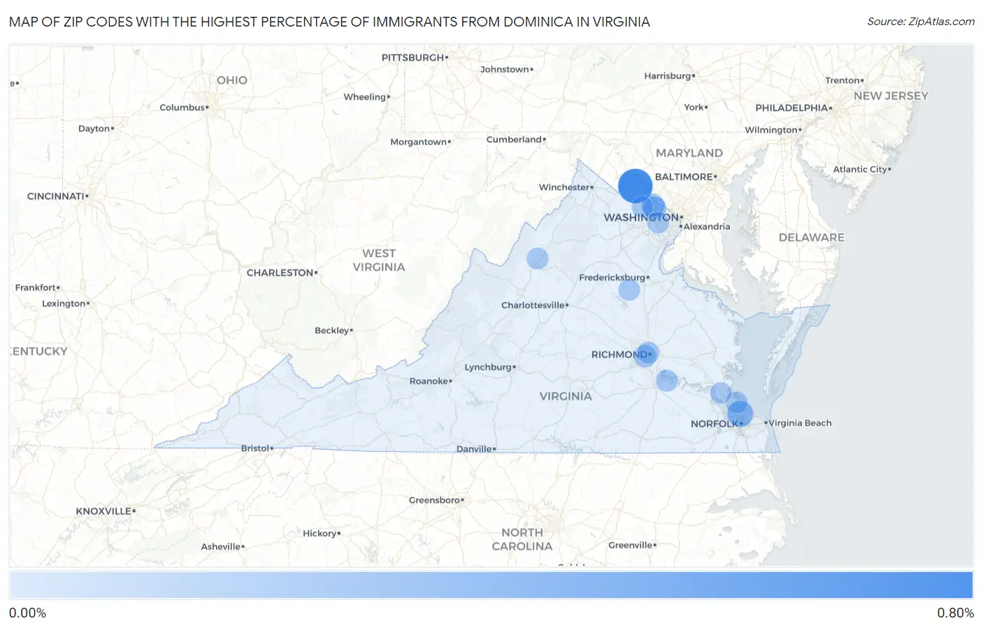 Zip Codes with the Highest Percentage of Immigrants from Dominica in Virginia Map