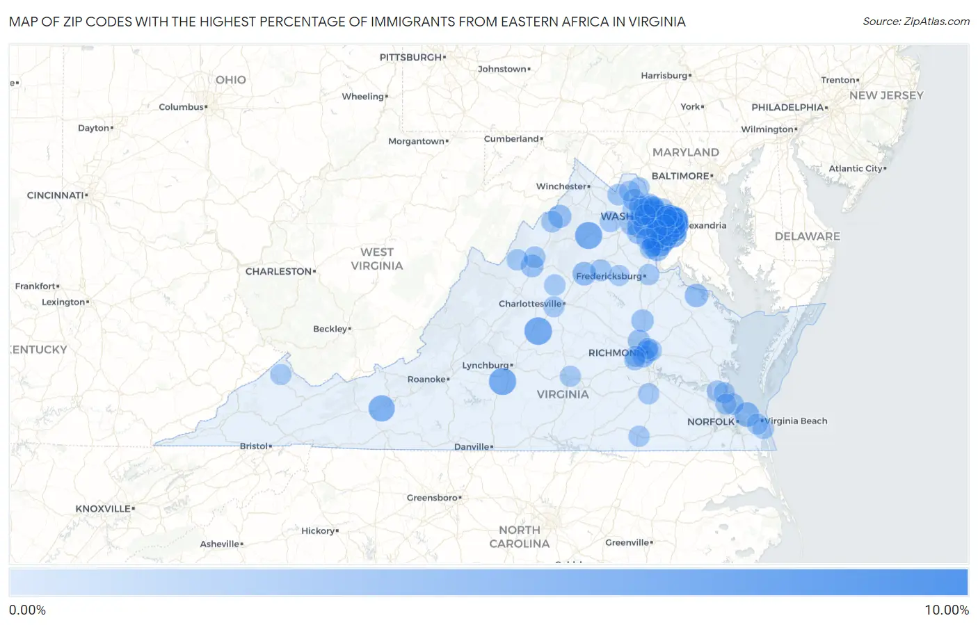 Zip Codes with the Highest Percentage of Immigrants from Eastern Africa in Virginia Map