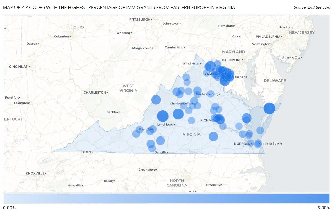 Zip Codes with the Highest Percentage of Immigrants from Eastern Europe in Virginia Map