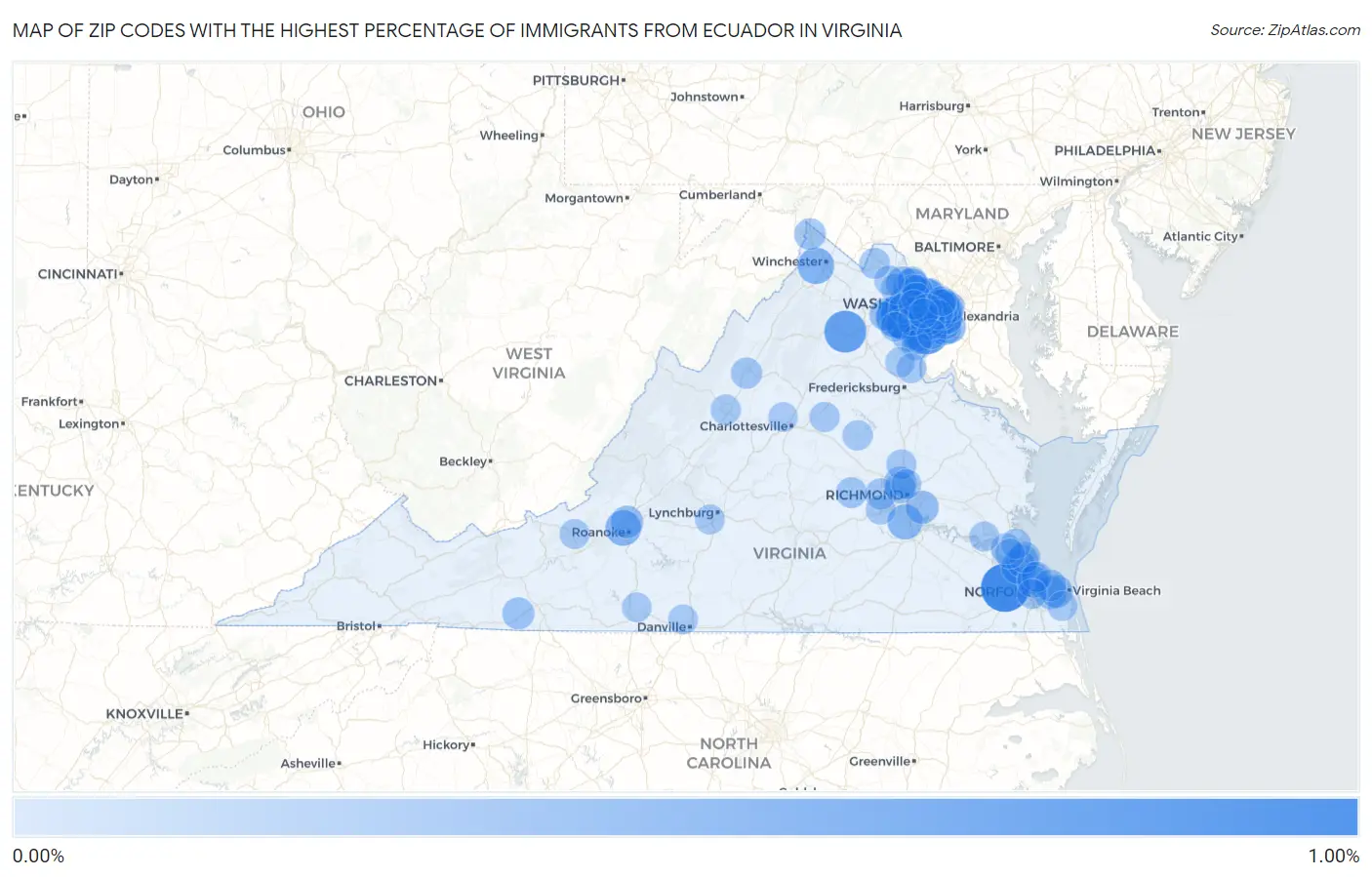 Zip Codes with the Highest Percentage of Immigrants from Ecuador in Virginia Map