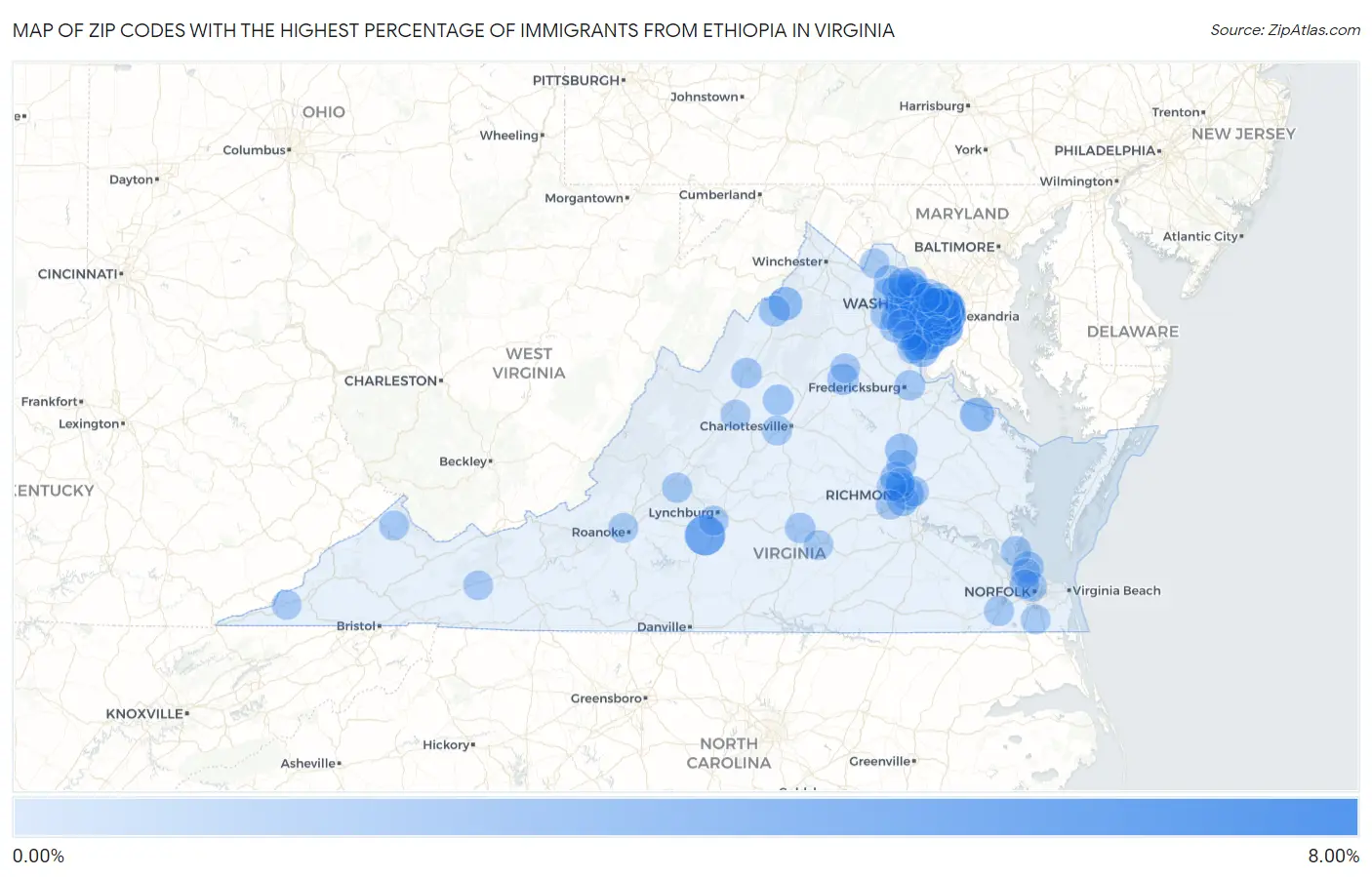 Zip Codes with the Highest Percentage of Immigrants from Ethiopia in Virginia Map