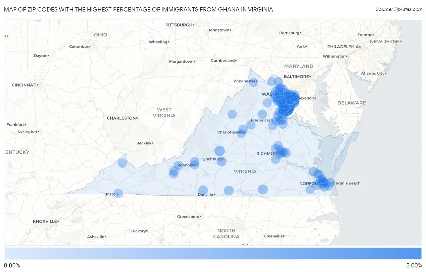 Zip Codes with the Highest Percentage of Immigrants from Ghana in Virginia Map