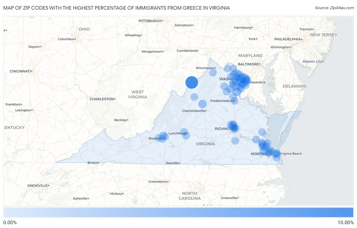 Zip Codes with the Highest Percentage of Immigrants from Greece in Virginia Map