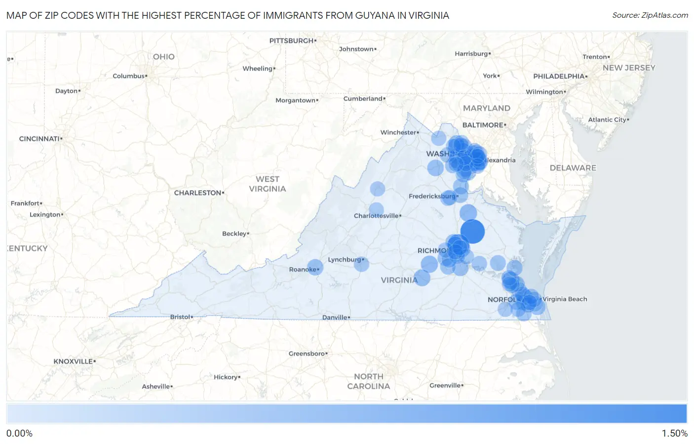 Zip Codes with the Highest Percentage of Immigrants from Guyana in Virginia Map