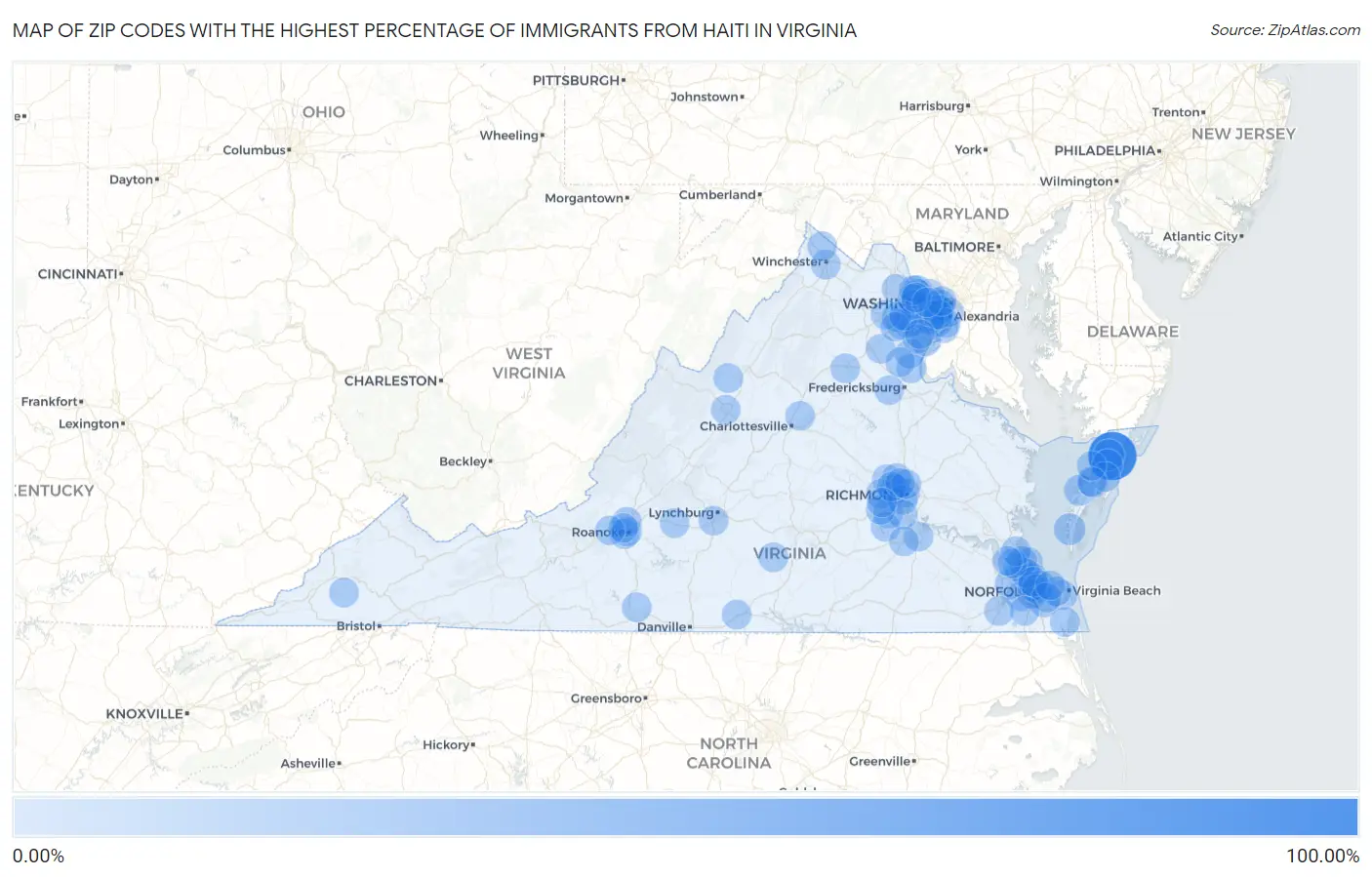 Zip Codes with the Highest Percentage of Immigrants from Haiti in Virginia Map