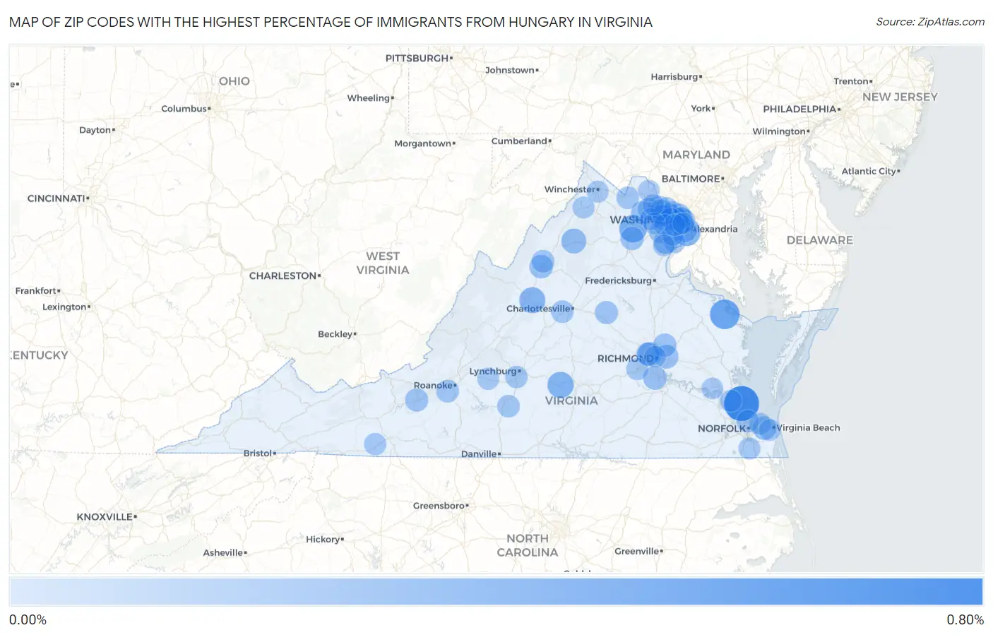 Zip Codes with the Highest Percentage of Immigrants from Hungary in Virginia Map