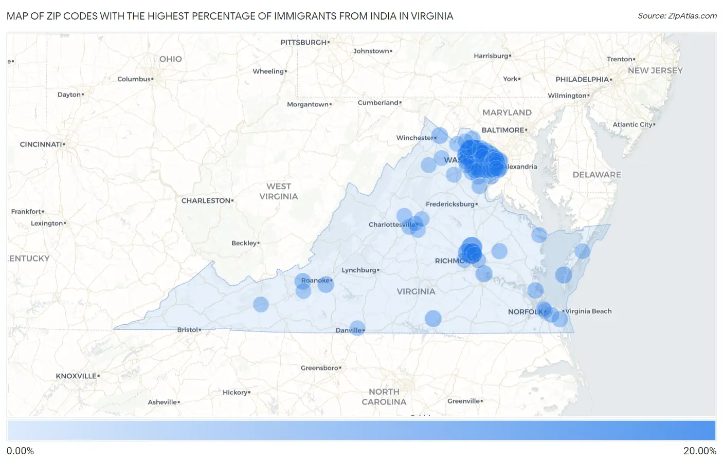 Zip Codes with the Highest Percentage of Immigrants from India in Virginia Map