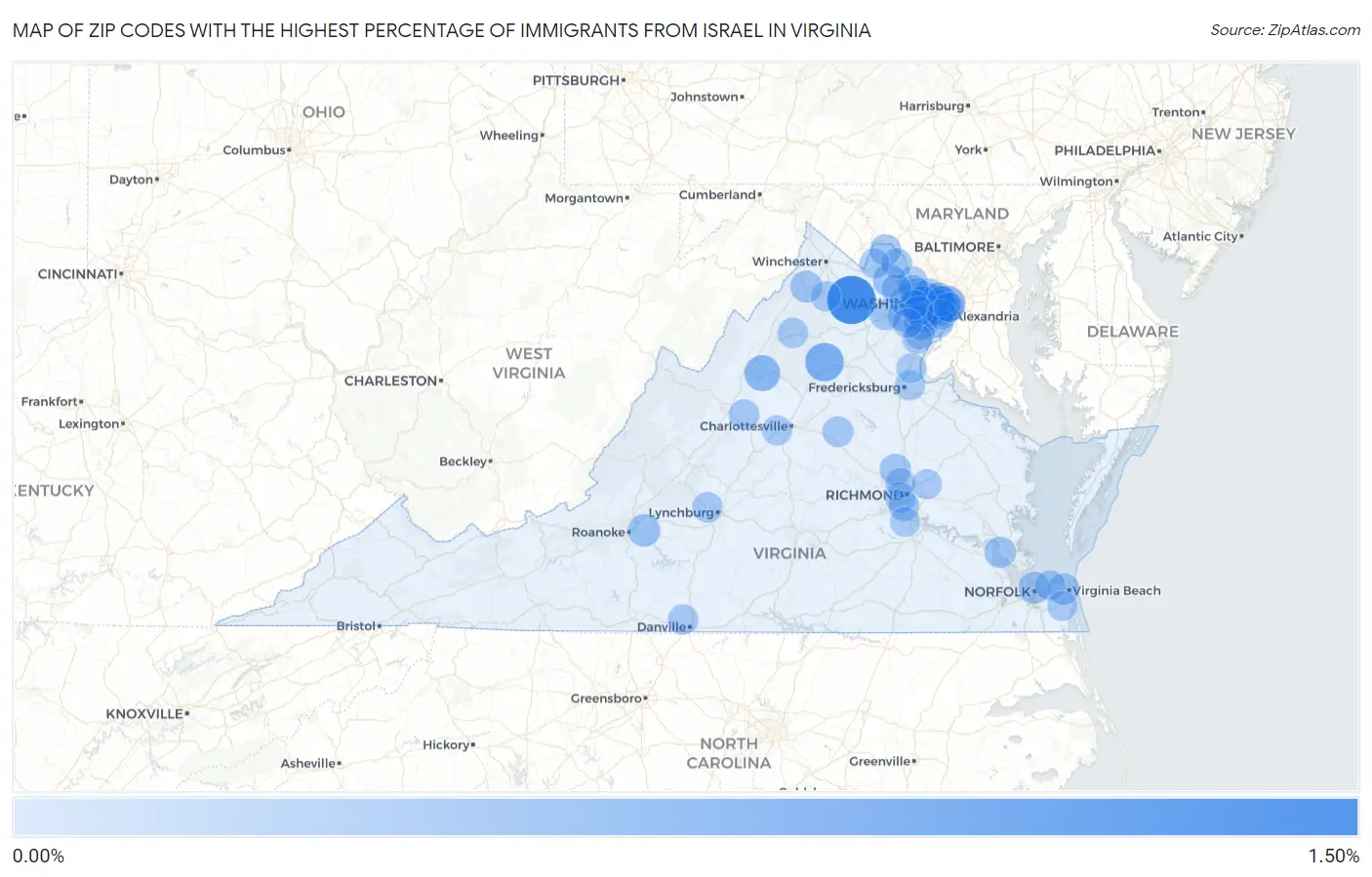 Zip Codes with the Highest Percentage of Immigrants from Israel in Virginia Map
