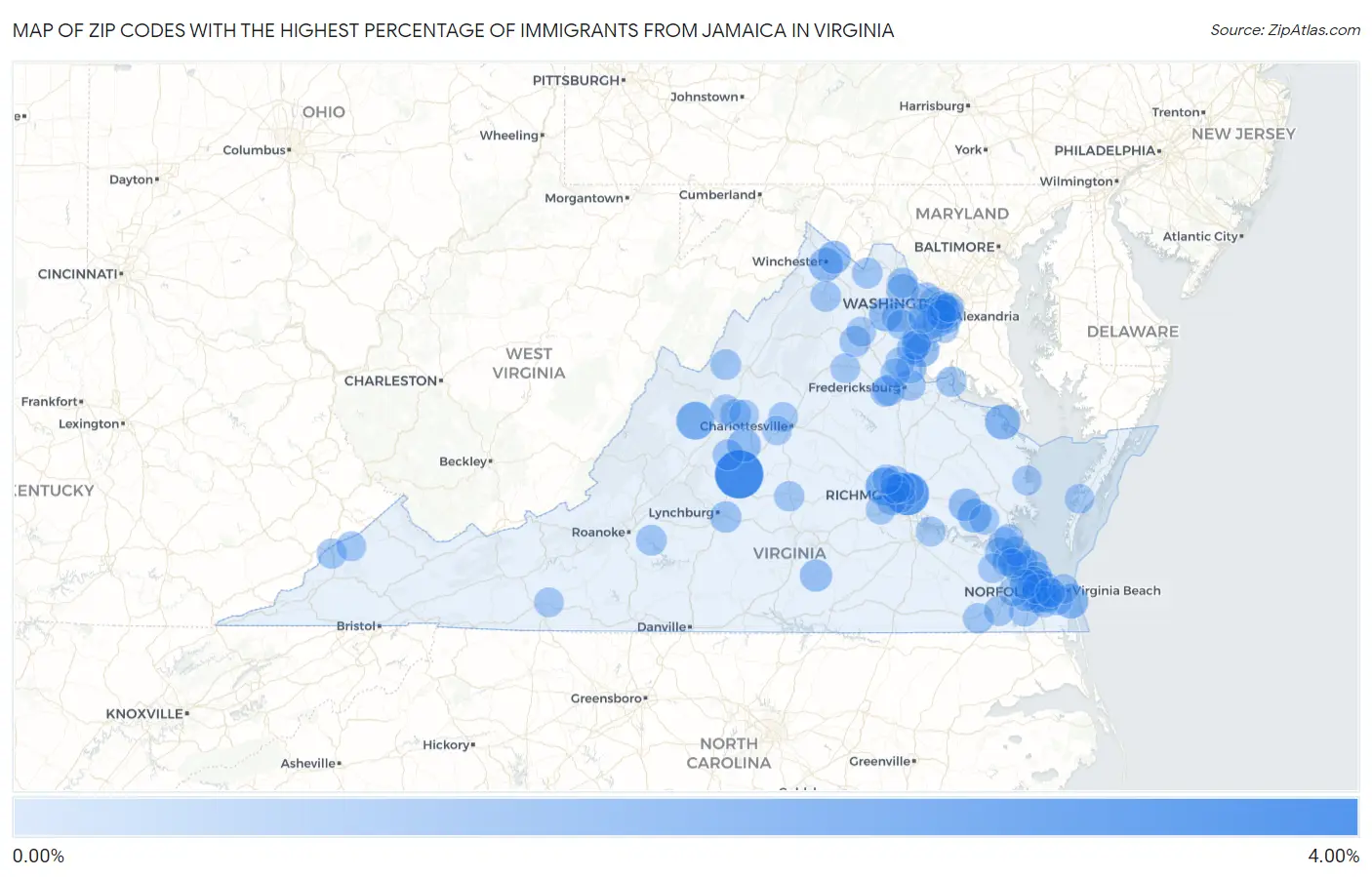 Zip Codes with the Highest Percentage of Immigrants from Jamaica in Virginia Map