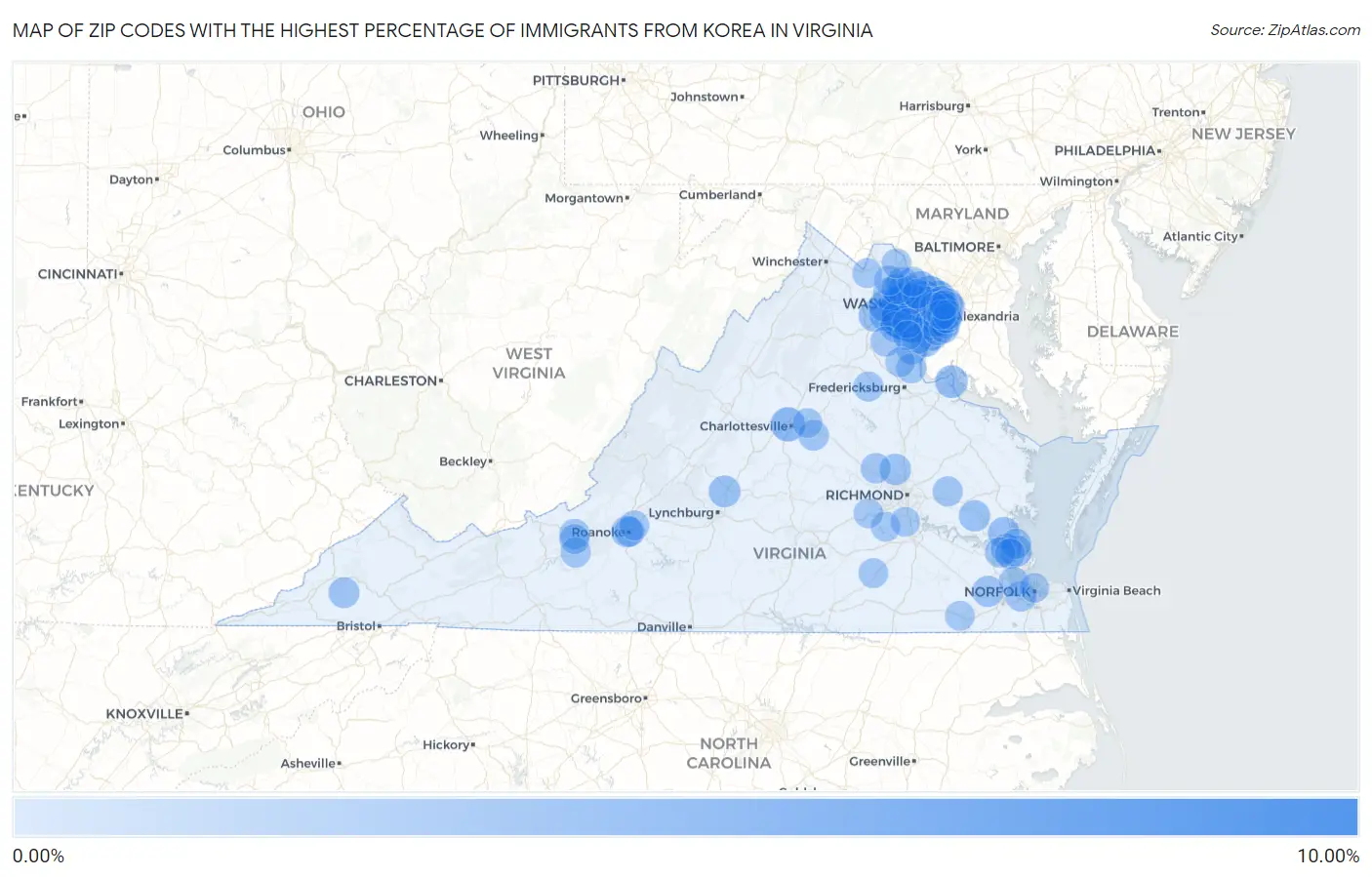 Zip Codes with the Highest Percentage of Immigrants from Korea in Virginia Map