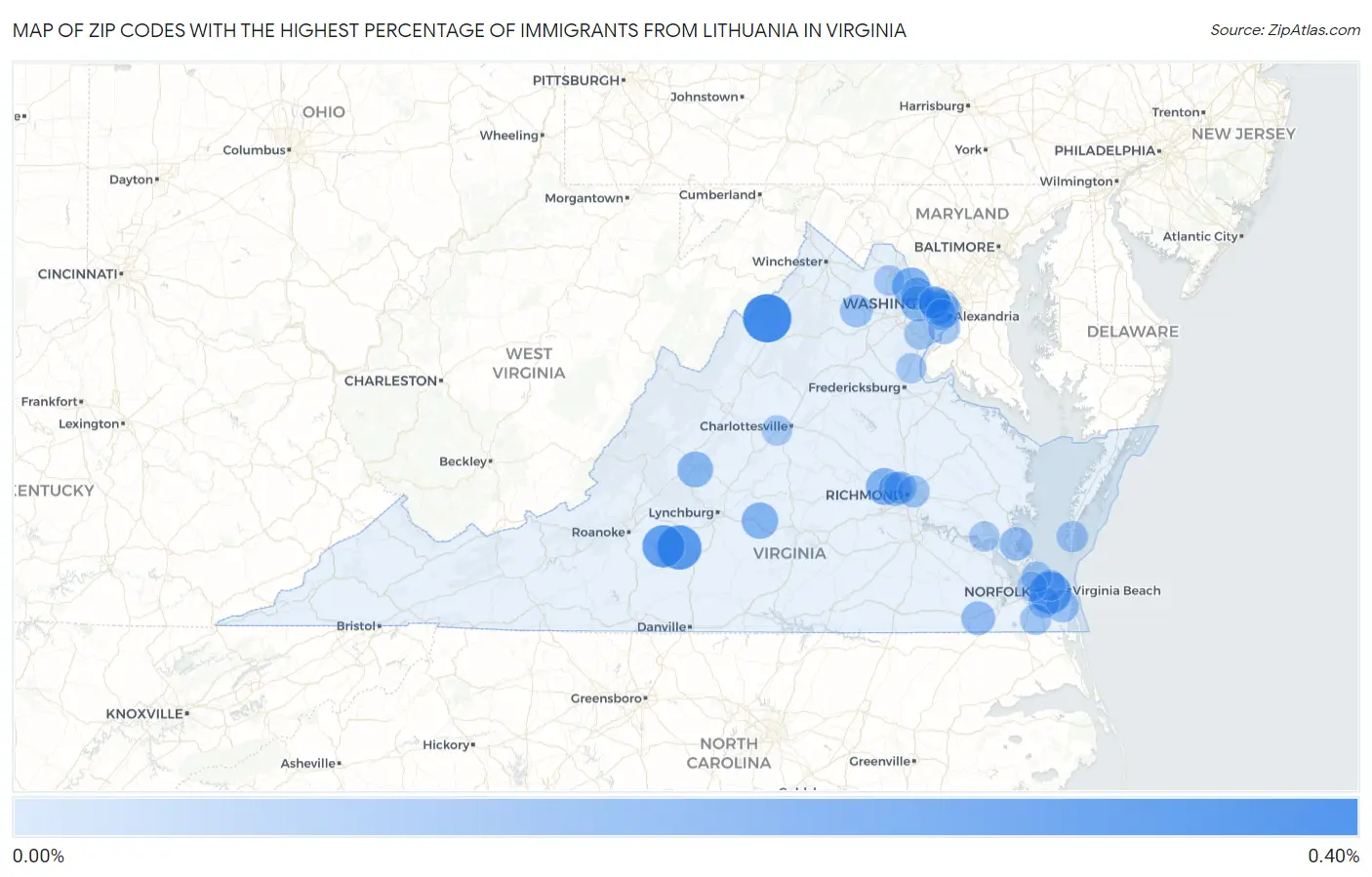 Zip Codes with the Highest Percentage of Immigrants from Lithuania in Virginia Map