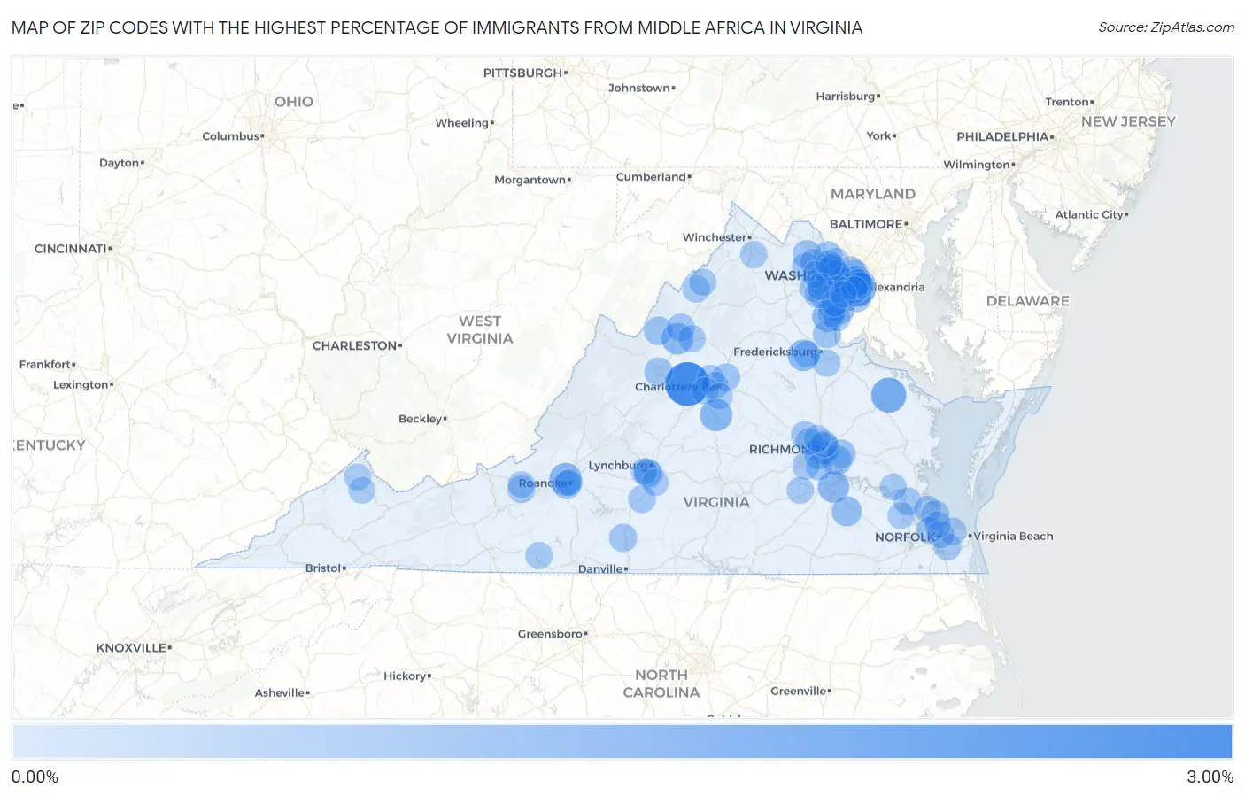 Zip Codes with the Highest Percentage of Immigrants from Middle Africa in Virginia Map