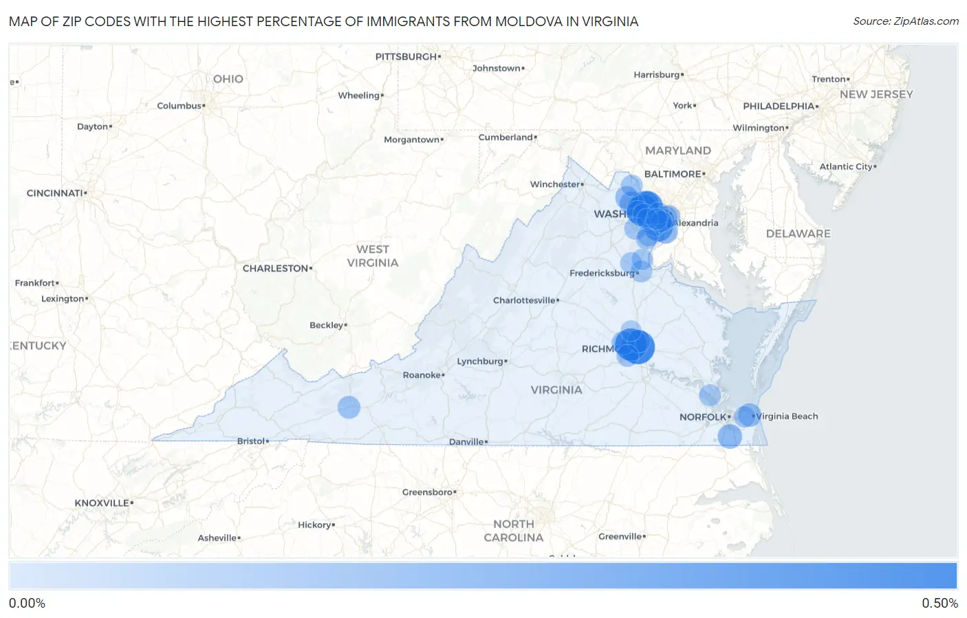 Zip Codes with the Highest Percentage of Immigrants from Moldova in Virginia Map
