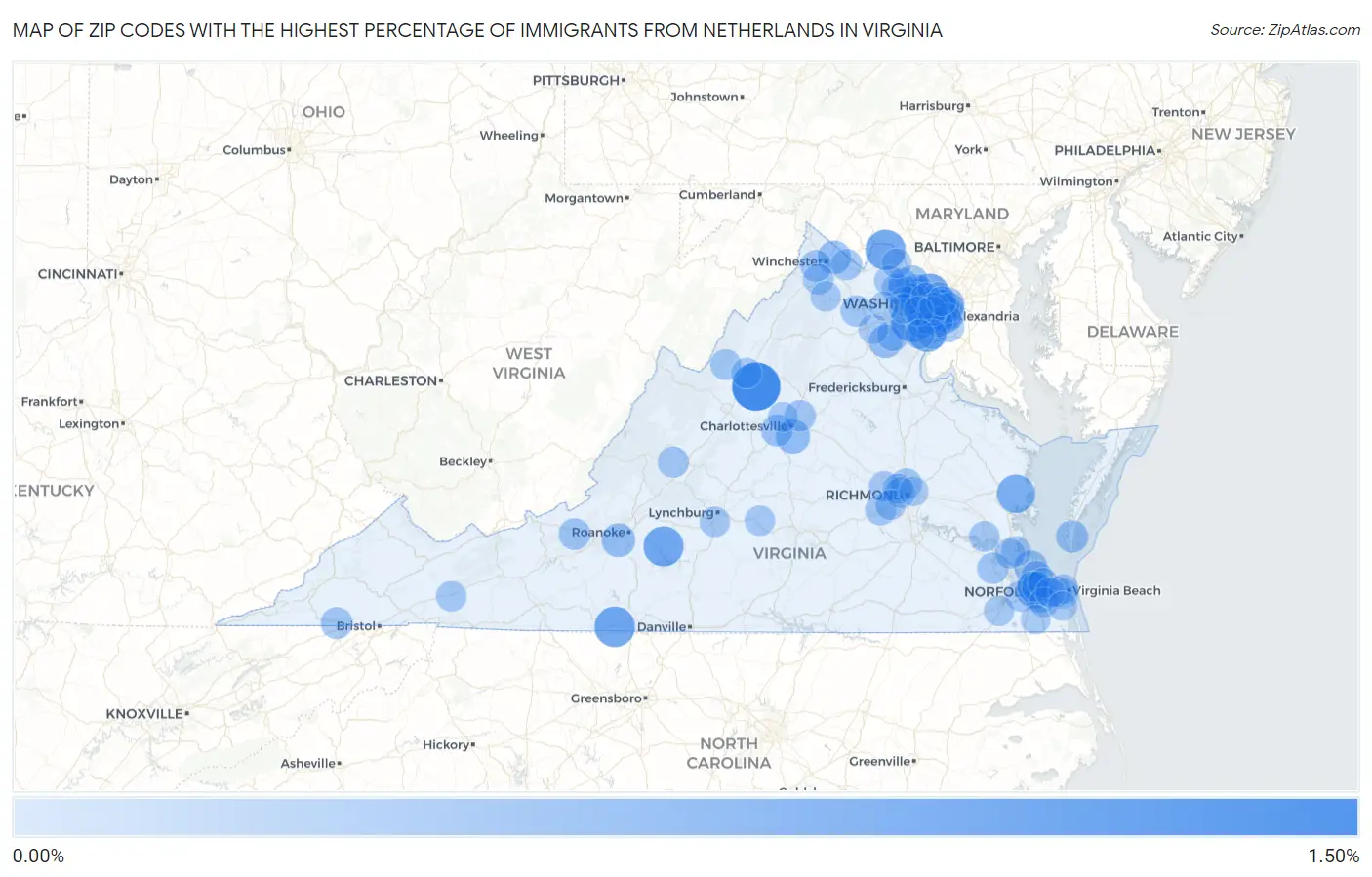 Zip Codes with the Highest Percentage of Immigrants from Netherlands in Virginia Map